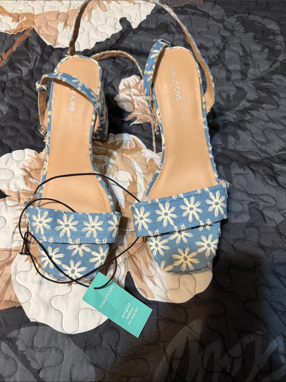 Maurices Blue Daisy Embroidered Block Heel Sandals